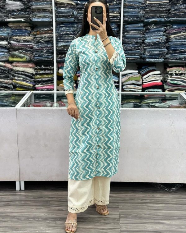 Gorgeous Blue Color Cameric Cotton Wid Stitch Button Kurti