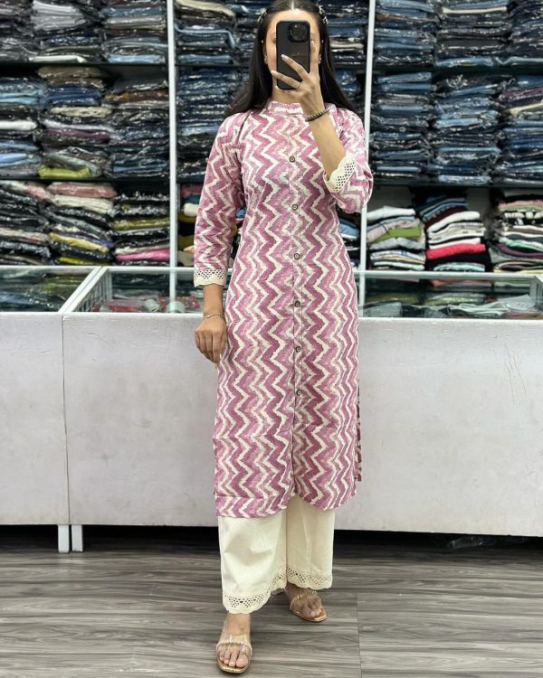 Gorgeous Purple Color Cameric Cotton Wid Stitch Button Kurti
