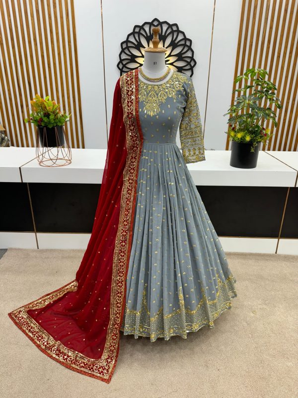 Luminous Cement Color Georgette Embroidery Sequence Gown