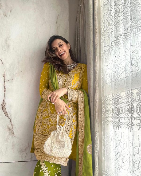 Hansika Motwani Yellow Color Georgette Embroidery Salwar Suit
