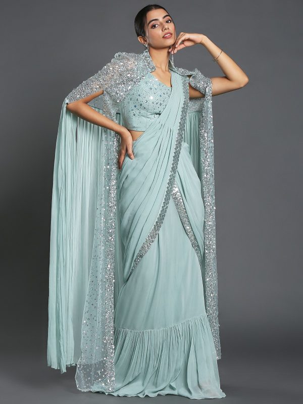 Luminous Cement Color Georgette Sequence Beautiful Frill Saree