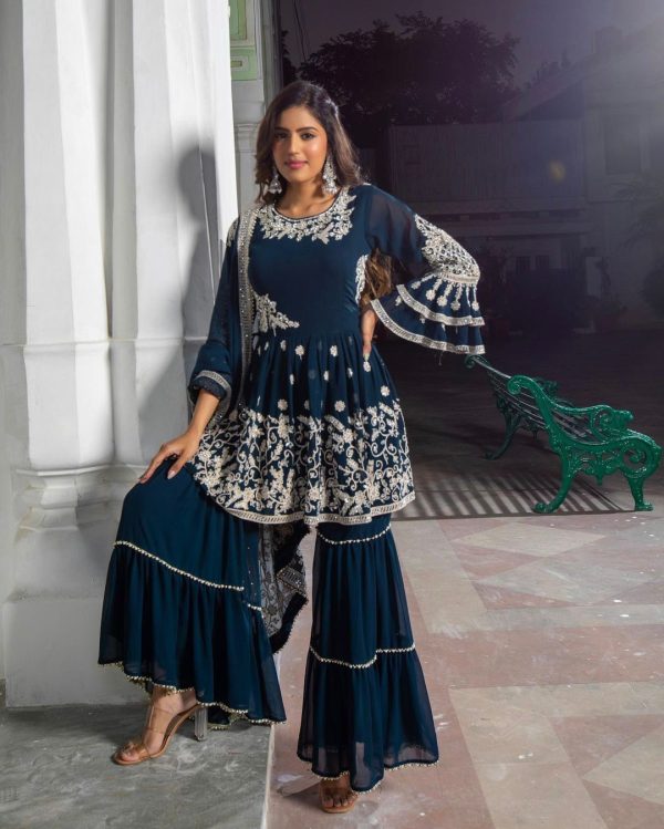 Nice Blue Color Georgette Embroidery Moti Lace Salwar Suit