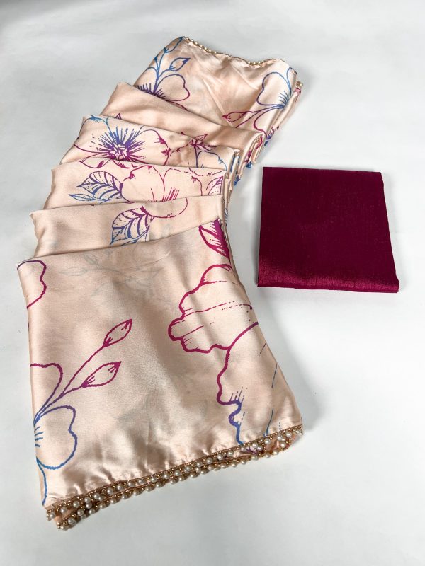 Nice Cream Color Satin Silk Floral Printed Lace Border Work Saree