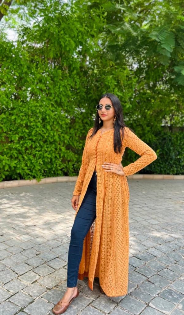 Nice Mustard Color Foux Georgette Chikankari Petal Button Kurti
