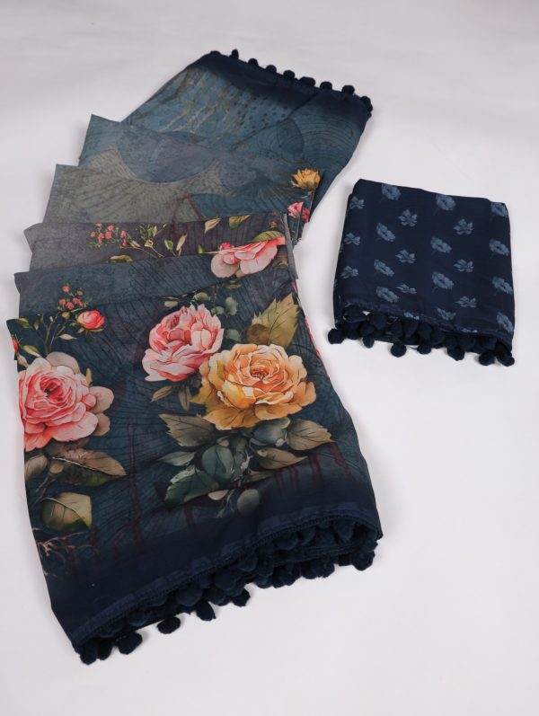 Nice Navy Blue Color Georgette Floral Printed Work Saree