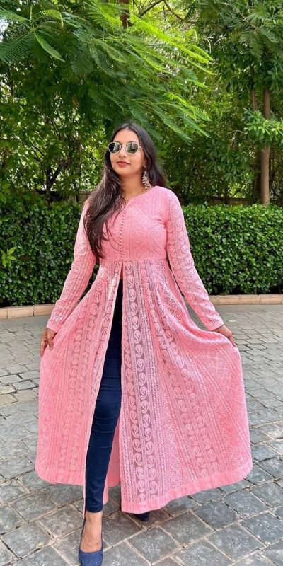 Nice Pink Color Foux Georgette Chikankari Petal Button Kurti