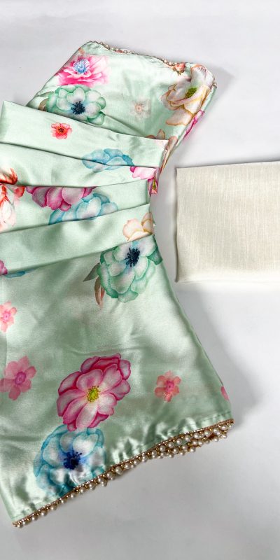 Nice Pista Color Satin Silk Floral Printed Lace Border Work Saree