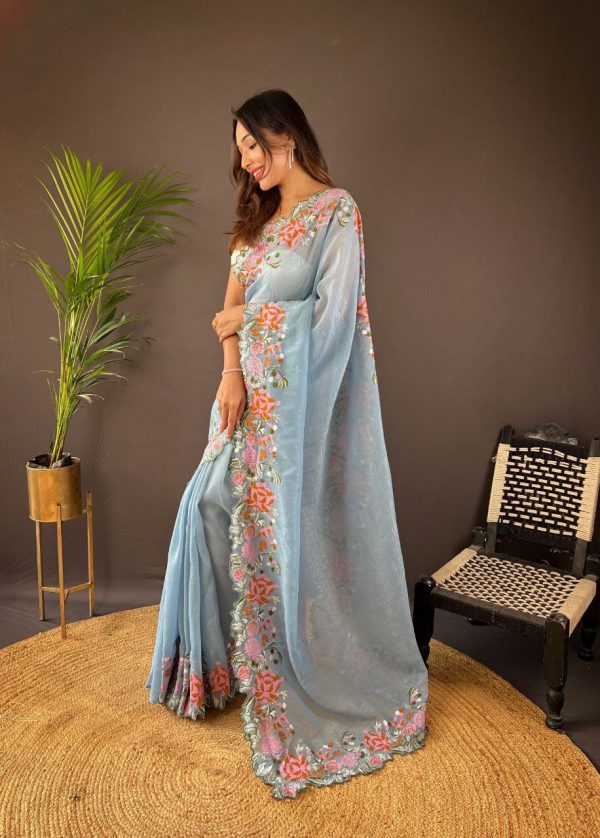 Peaceful Light Blue Color Soft Glossy Silk Embroidery Saree