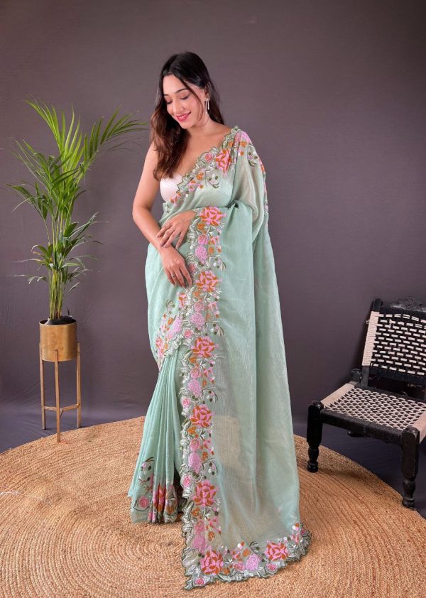 Peaceful Light Green Color Soft Glossy Silk Embroidery Saree
