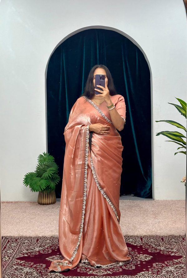 Peaceful Onion Color Burberry Blooming Embroidery Zari Saree