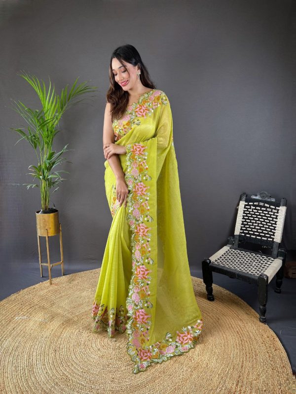 Peaceful Parrot Green Color Soft Glossy Silk Embroidery Saree
