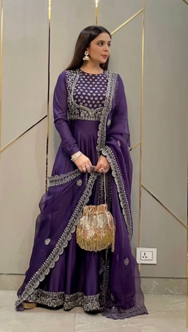 Peaceful Violate Color Georgette Embroidery Sequence Gown