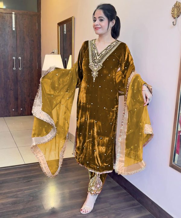 Pretty Mustard Color Heavy Viscose Velvet Embroidery Sharara