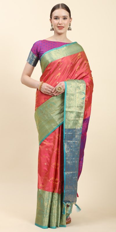 Pretty Pink Color Soft Kanjivaram Pattu Self Jacquard Saree