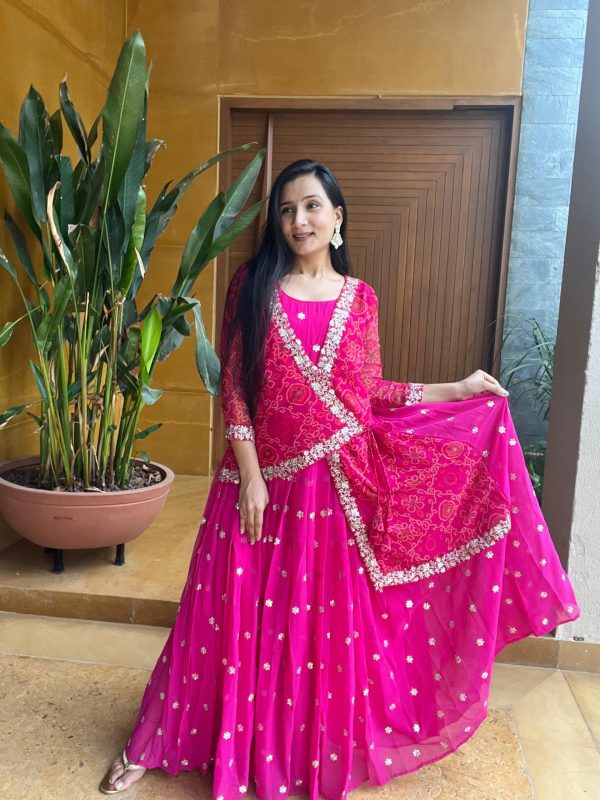 Pretty Rani Color Georgette Embroidery Attached Jacket Gown