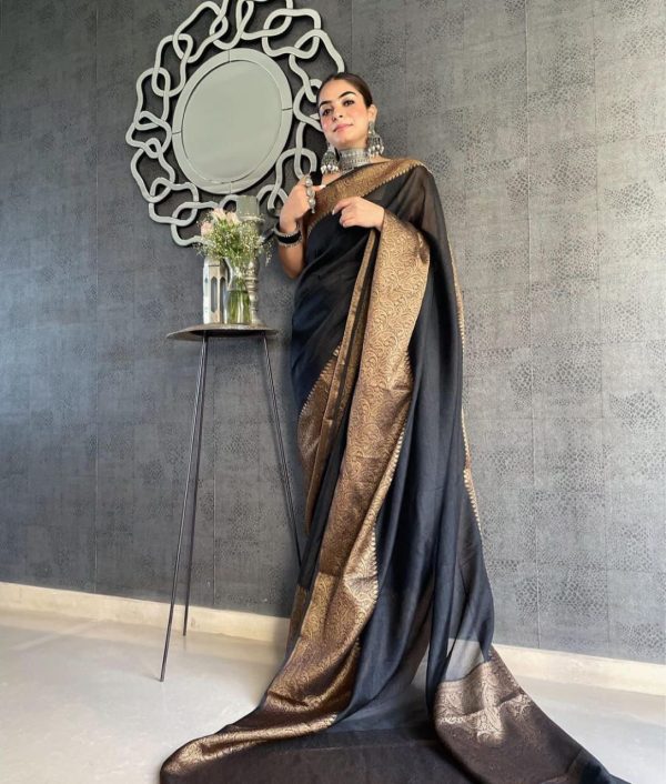 Stylish Black Color Soft Lichi Silk Jacquard All Over Saree