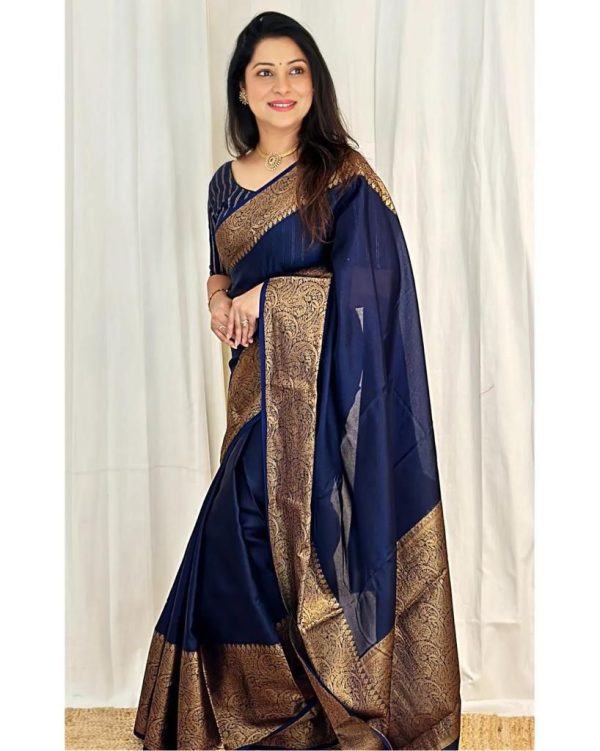 Stylish Navy Blue Color Soft Lichi Silk Jacquard All Over Saree