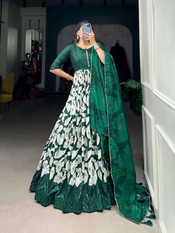 Sublime Green Color Tussar Silk Floral Printed Work Gown