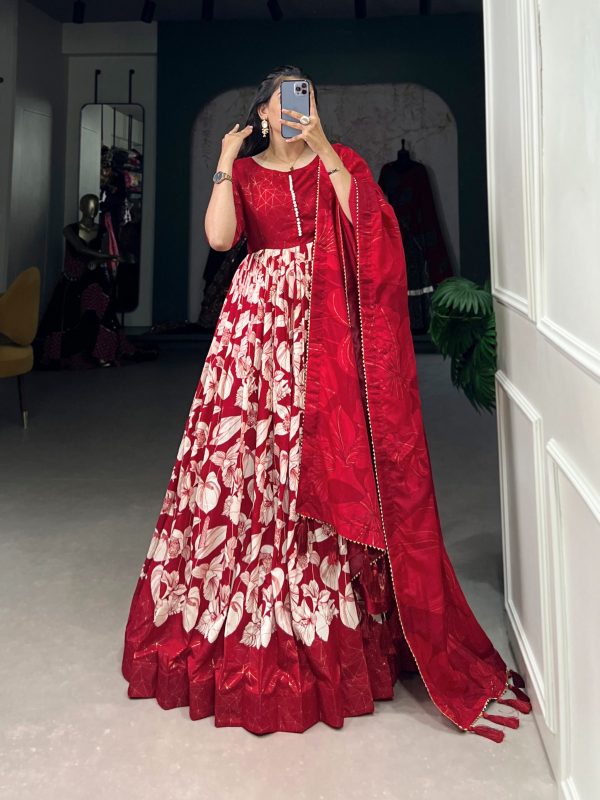 Sublime Red Color Tussar Silk Floral Printed Work Gown