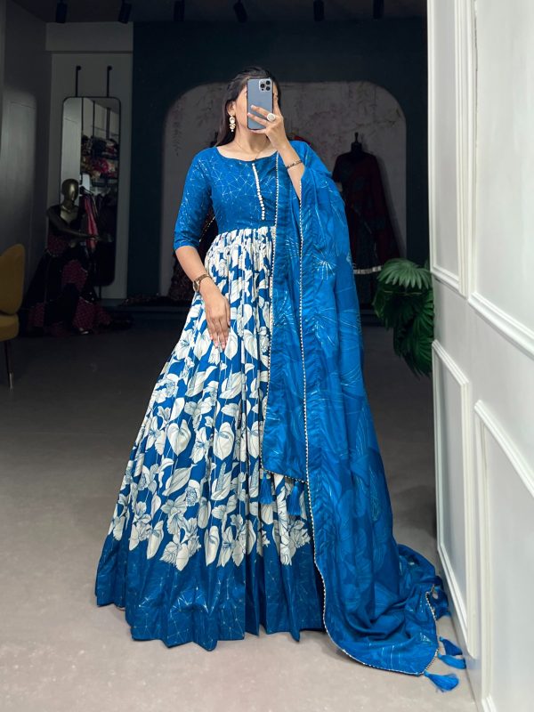 Sublime Royal Blue Color Tussar Silk Floral Printed Work Gown