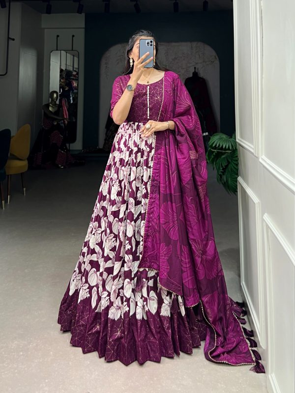 Sublime Wine Color Tussar Silk Floral Printed Work Gown