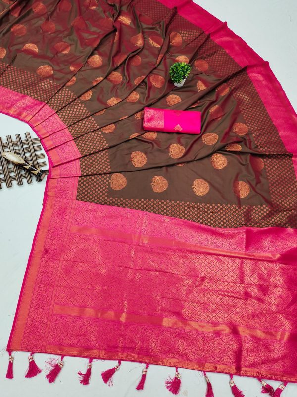 Superb Brown Color Soft Silk Copper Zari Design Saree