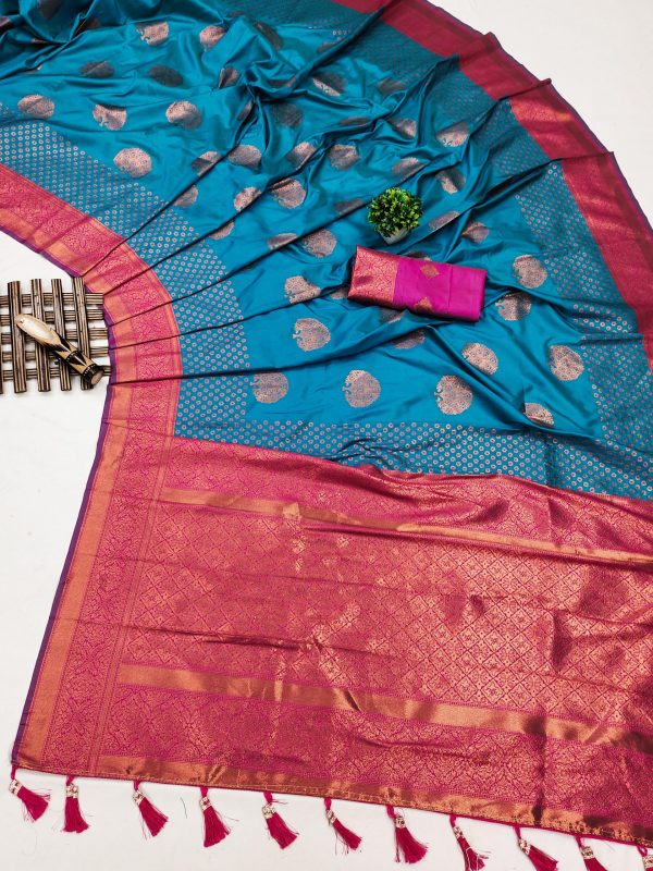 Superb Firozi Color Soft Silk Copper Zari Design Saree