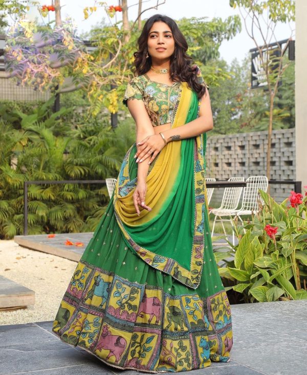 Superb Green Color Choline Kalamkari Digital Print Lehenga Choli