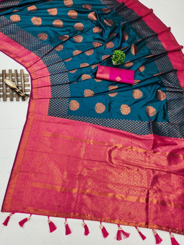 Superb Peacock Blue Color Soft Silk Copper Zari Design Saree