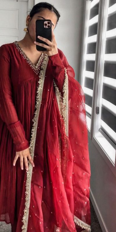 AD 152 Red Color Pure Chinon Silk Embroidery Gown Fancy Full Sleeve Wedding, Party, Festive, Events Etc. Expected Delivery  4-6 Working Days @1799/ | Casual Suits, Jump Suits, Creative suits, Designer Suits, Palazzo Suits, Party Wear Suits, Patiala Suits, Salwar suit, Straight Suits