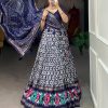 Aglow Navy Blue Color Tussar Silk Ikkat Print Foil Work Lehenga Choli