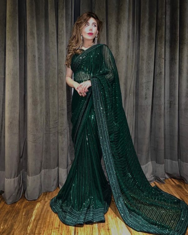 Attractive Green Sequin Georgette With Embroidery Work Saree