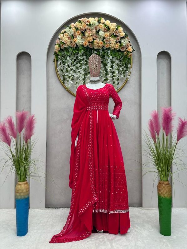 Classic Red Color Georgette Thread Sequence Salwar Suit