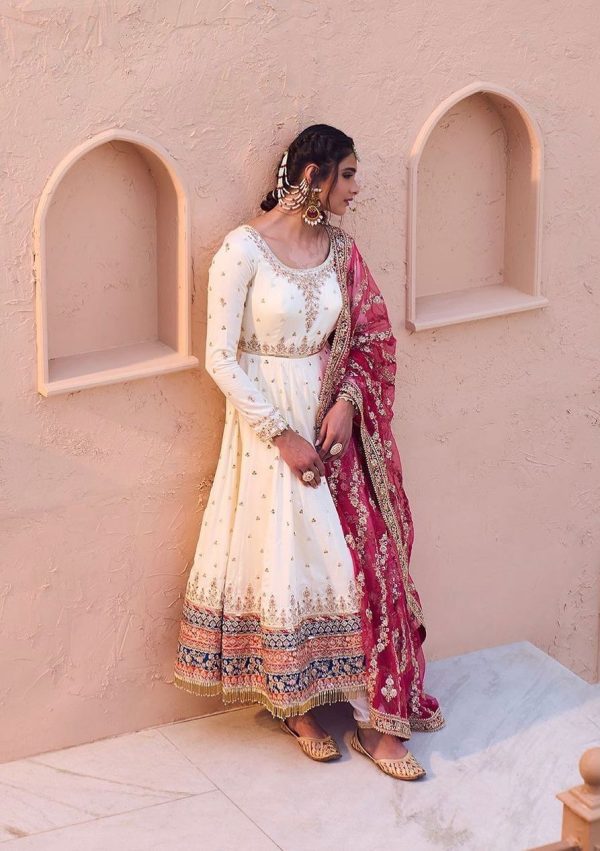 Comfy White Color Embroidery With Sequence Work Fancy Latkan Border Gown