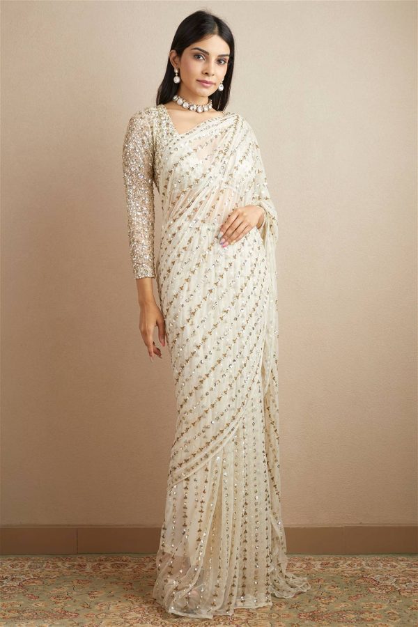 Graceful Gold Color Fox Georgette With Embroidery Work Saree