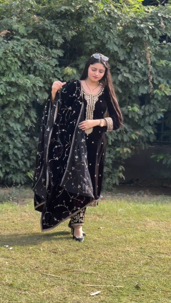 Amazing Black Color Heavy Viscose Velvet Embroidery Sequence Work with Full Sleeves