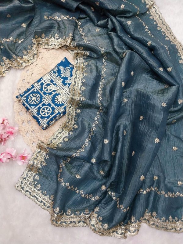 Amazing Blue Color Georgette With Embroidery Work Saree