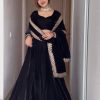 Blackberry Black Color Velvet Embroidery Sequence Straight Suit