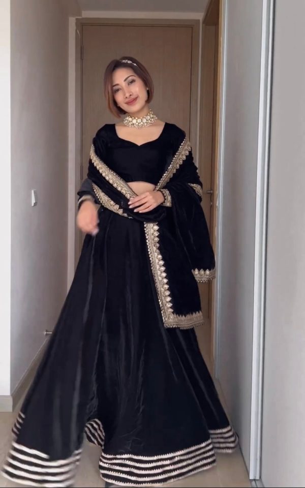 Blackberry Black Color Velvet Embroidery Sequence Straight Suit