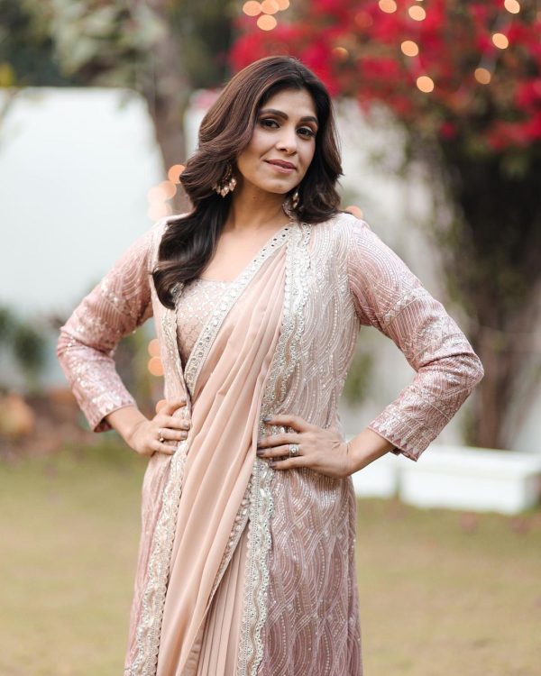 Commitment Peach or Lite Pink Color Embroidery Work Saree With Koti