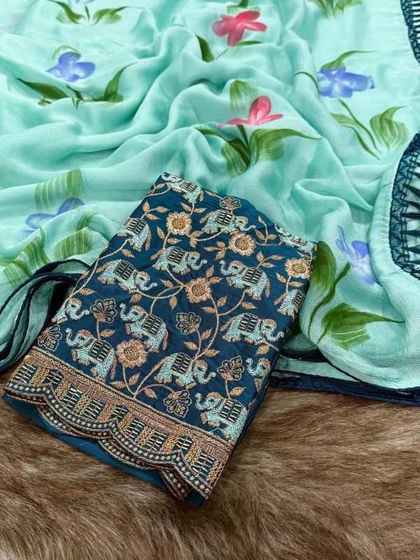 Complex Sky Blue Color Georgette Embroidery Sequence Saree