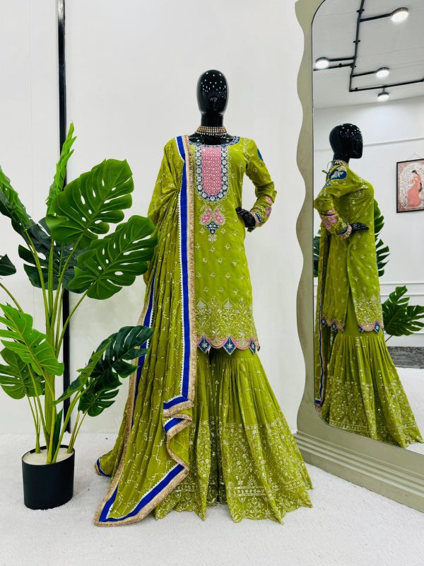 Exciting Mehndi Green Color Foux Gorgette Embroidery Sequence Salwar Suit