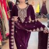 Fancy Purple Pure Heavy Viscose Velvet Heavy Embroidery Sequence Straight Suit