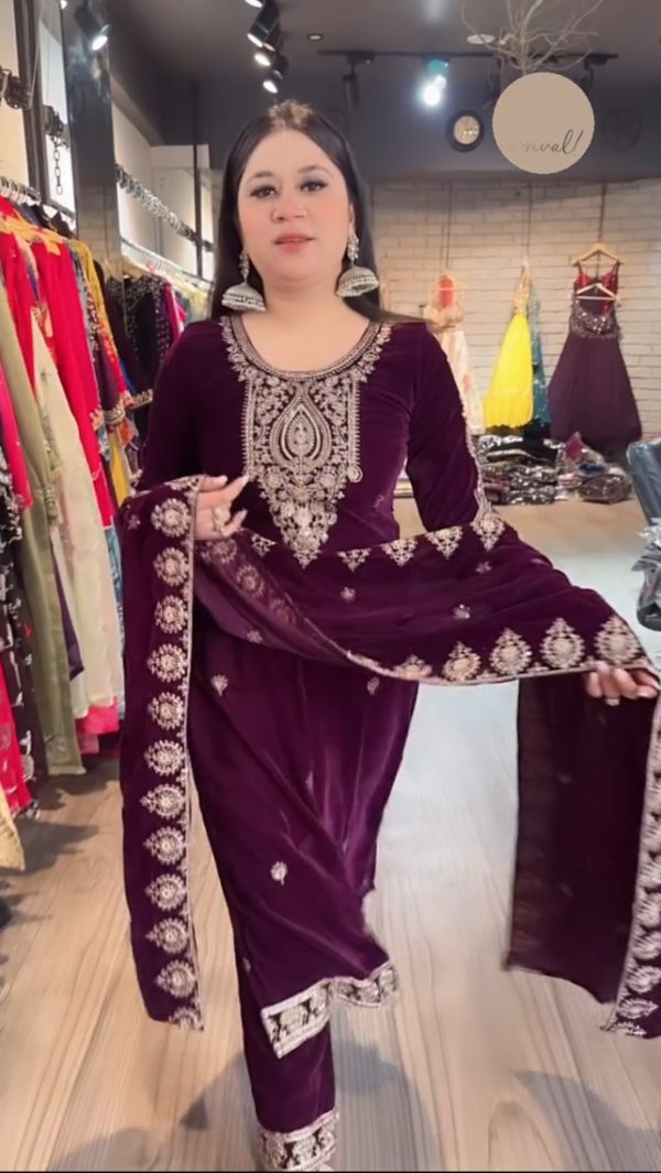 Fancy Purple Pure Heavy Viscose Velvet Heavy Embroidery Sequence Straight Suit