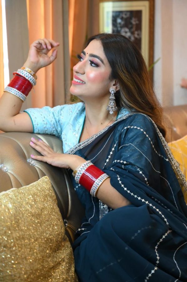Glow Boosting Navy Blue Color Georgette With Embroidery Work Saree