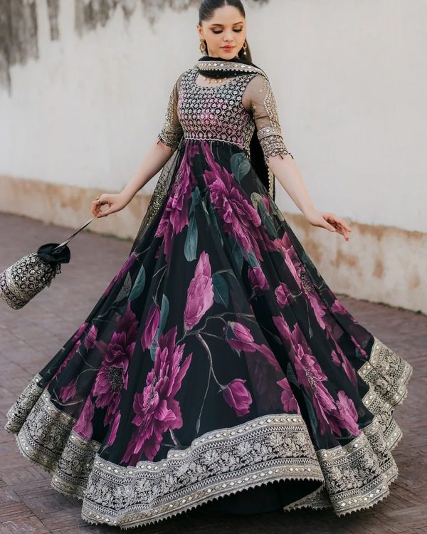 Magical Deep Purple And Black Color Foux Gorgette with digital print