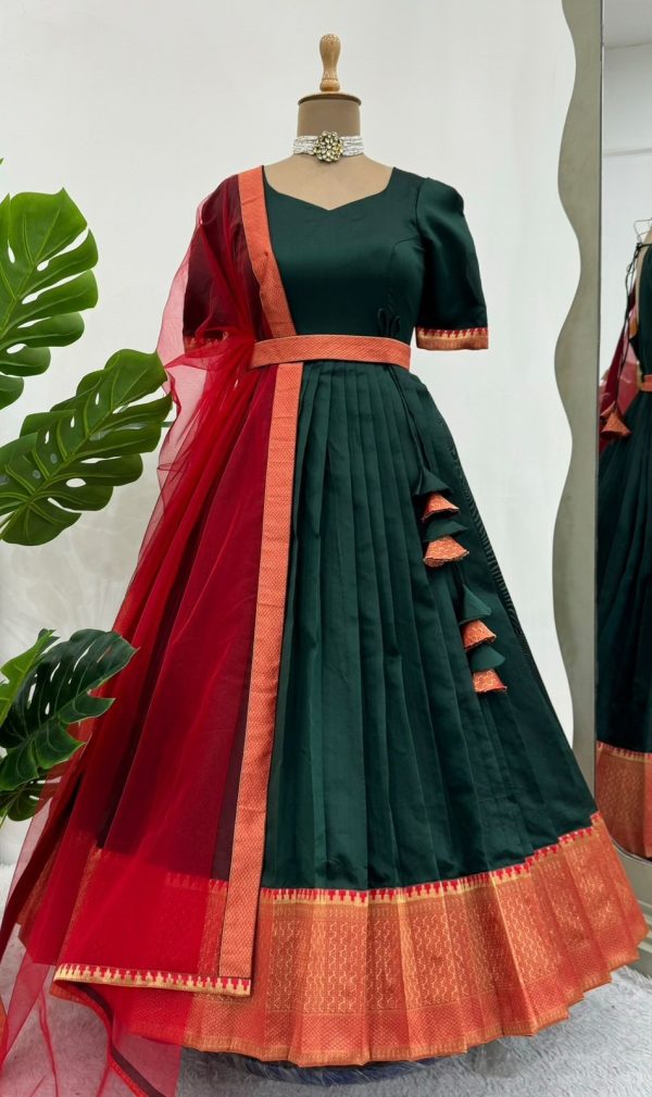 Magical Green Color Jequed Silk Four side lace broder Plain Gown