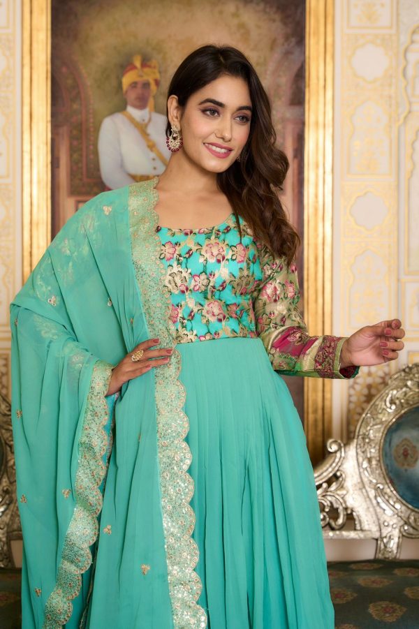 Stunning Sea Green Faux Color Fox Georgette Embroider Pure Zecard Work Gown