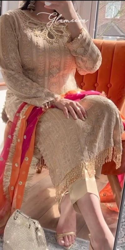 Surprises Cream Color Faux Georgette Sequence Embroidery With Sharara Suit