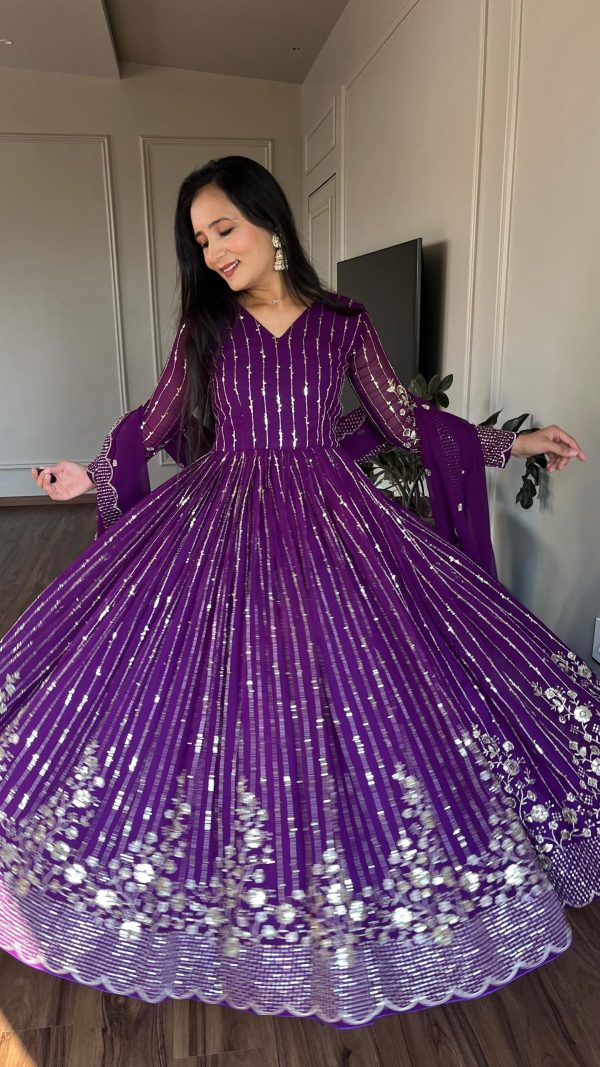 Women's Purple Color Fox Georgette sequence Embroidery Work With Gown